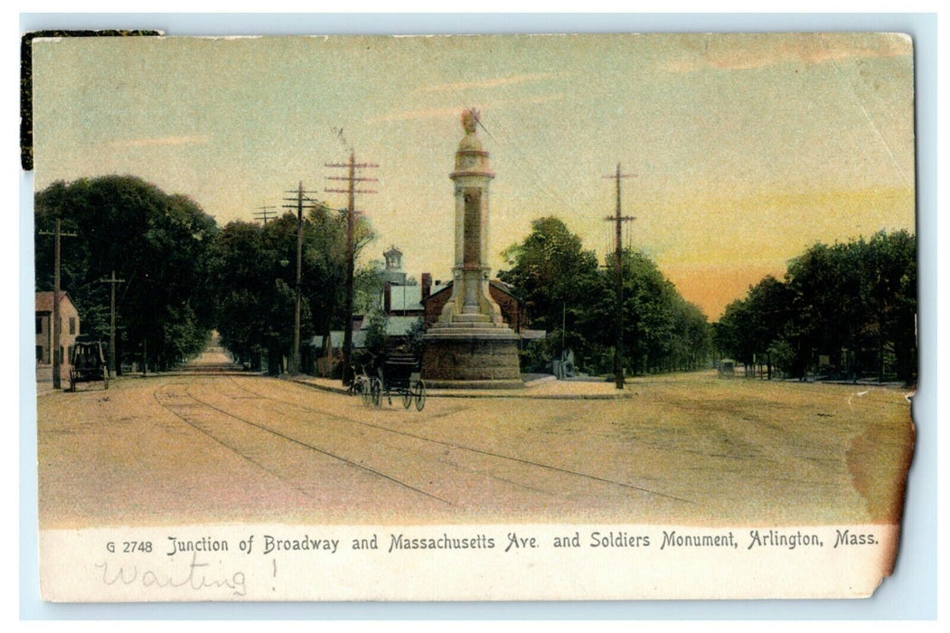 1905 Broadway & Massachusetts Ave. Soldiers Monument Arlington MA Postcard