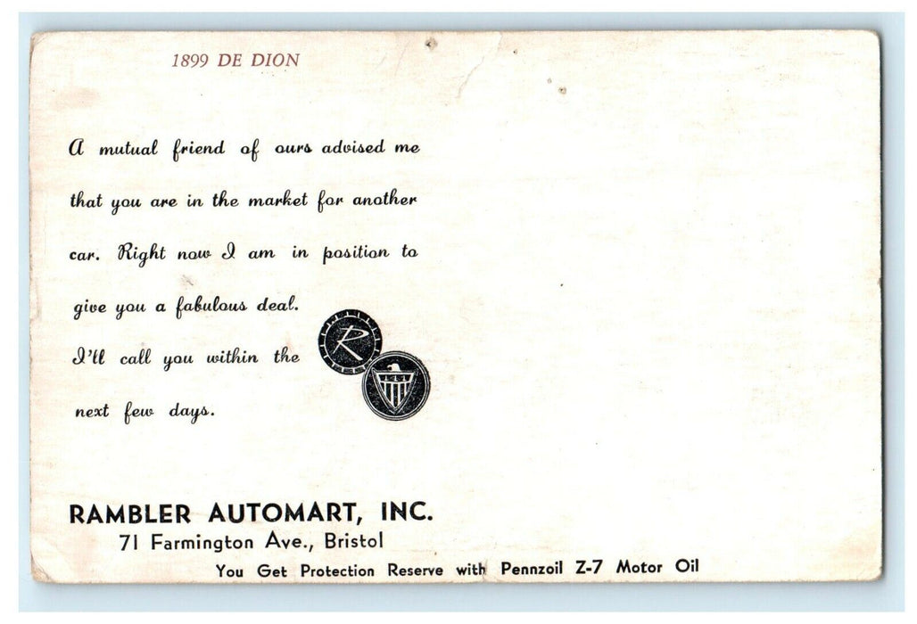 Rambler Automart Inc Farmington Ave. Bristol Connecticut CT Advertising Postcard
