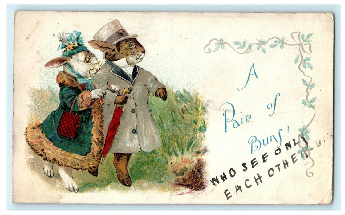 c1905 Easter Anthropomorphic Bunny Husband Wife Fur Coat Hat Romantic Postcard