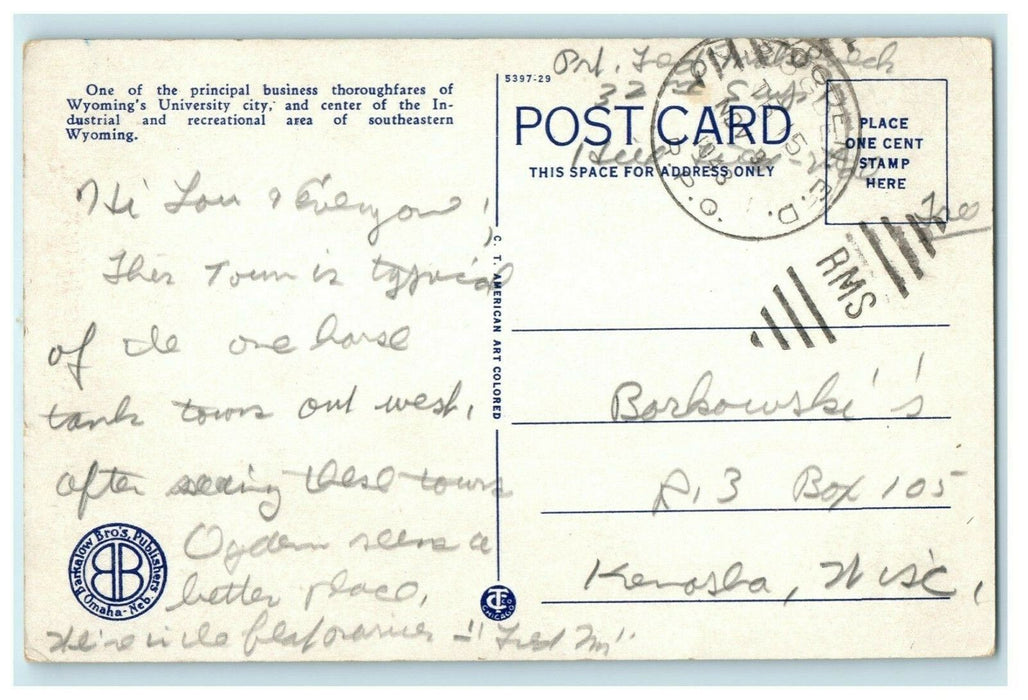 1943 2nd St. Laramie Wyoming Classic Cars R.P.O. Ogden Cancel Vintage Postcard