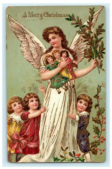 1911 Beautiful Christmas Angel with Children & Dolls Gold Gilt Antique Postcard