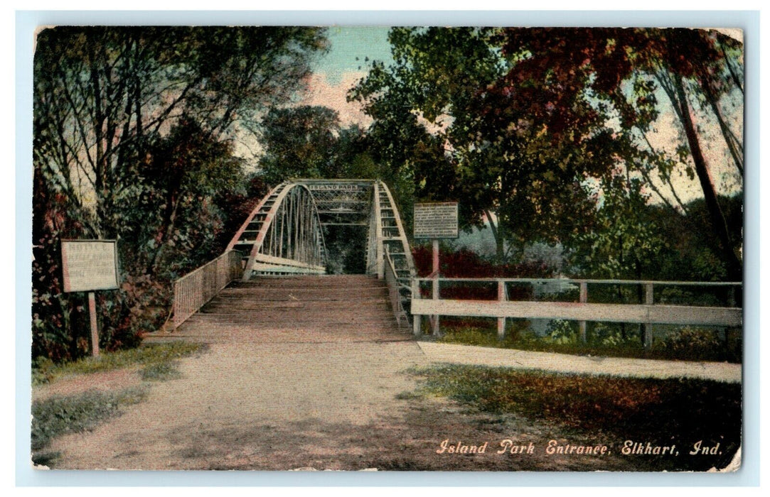 1910 Island Park Entrance Elkhart Indiana IN Bridge Antique Postcard
