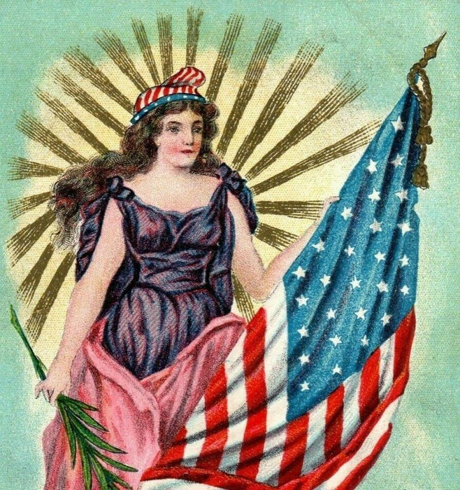 c1910 July 4th Miss Liberty American Flag Embossed Antique Postcard