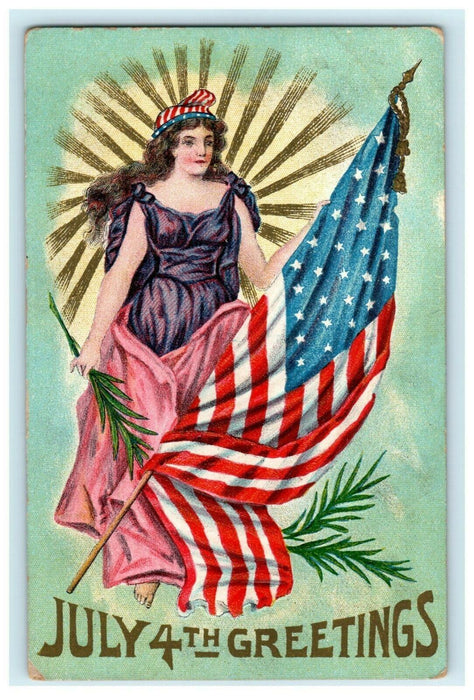 c1910 July 4th Miss Liberty American Flag Embossed Antique Postcard