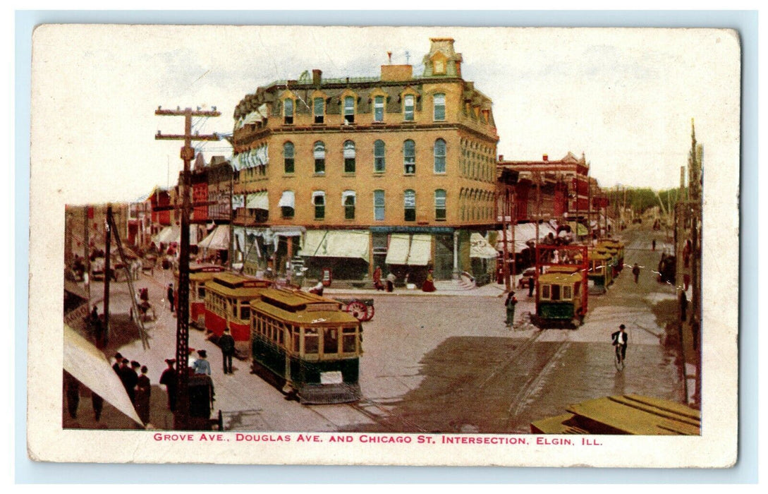 c1910 Grove & Douglas Ave. Intersection Elgin Illinois IL Antique Postcard