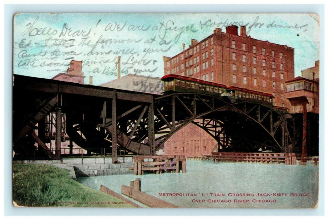 1906 Metropolitan "L" Train Jack-Knife Bridge Chicago River Illinois IL Postcard