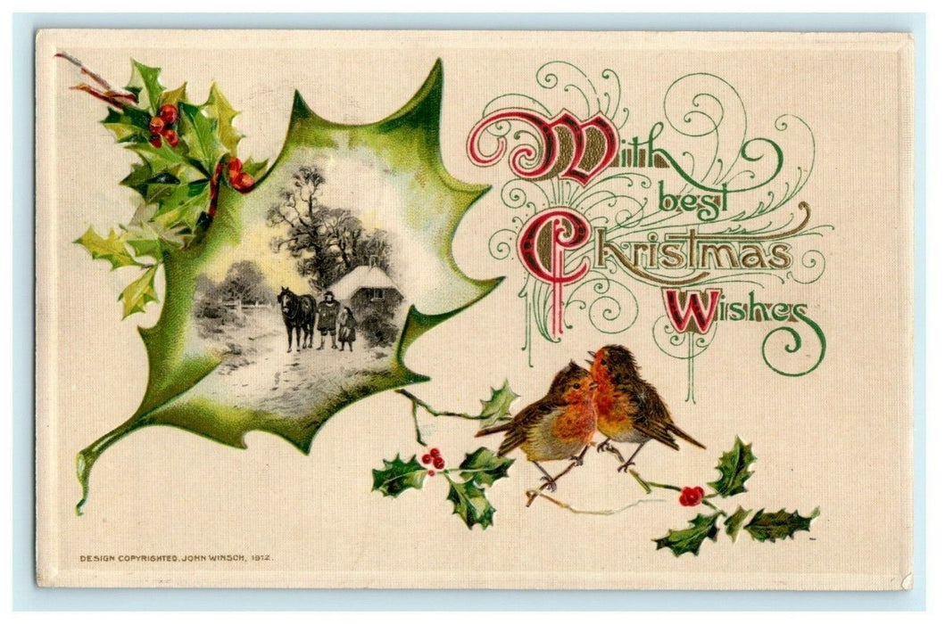 1912 John Winsch Christmas Birds Horse Holly Harpersberg West Virginia Postcard