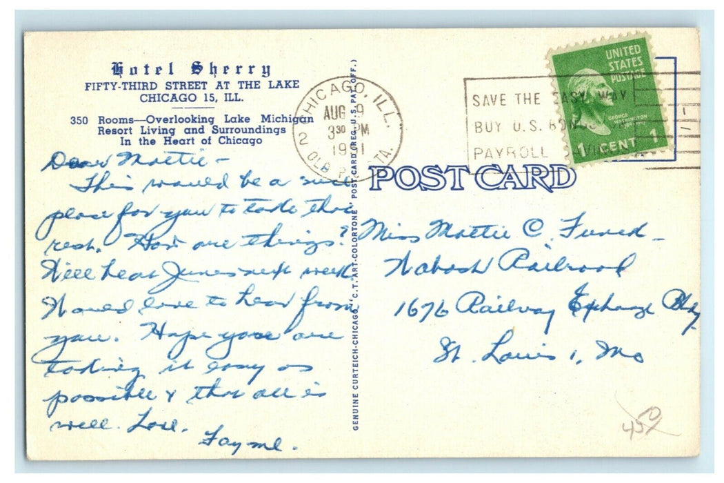 1951 Hotel Sherry Lake Michigan Chicago Illinois Vintage Postcard