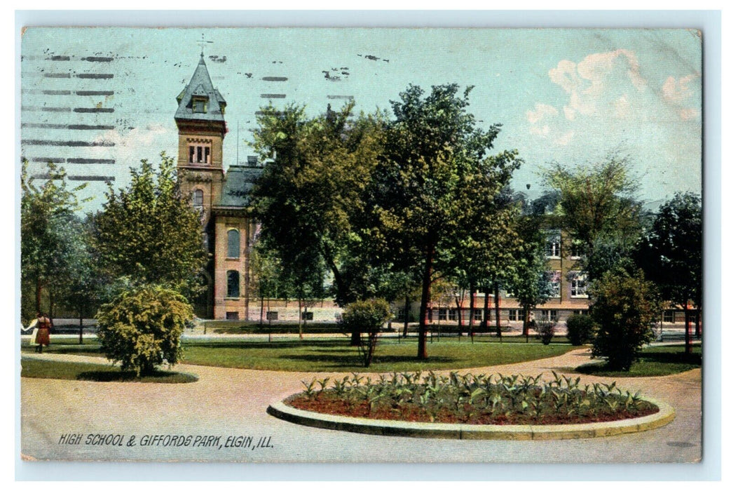 1910 High School & Giffords Park Elgin Illinois IL Posted Rotograph Postcard