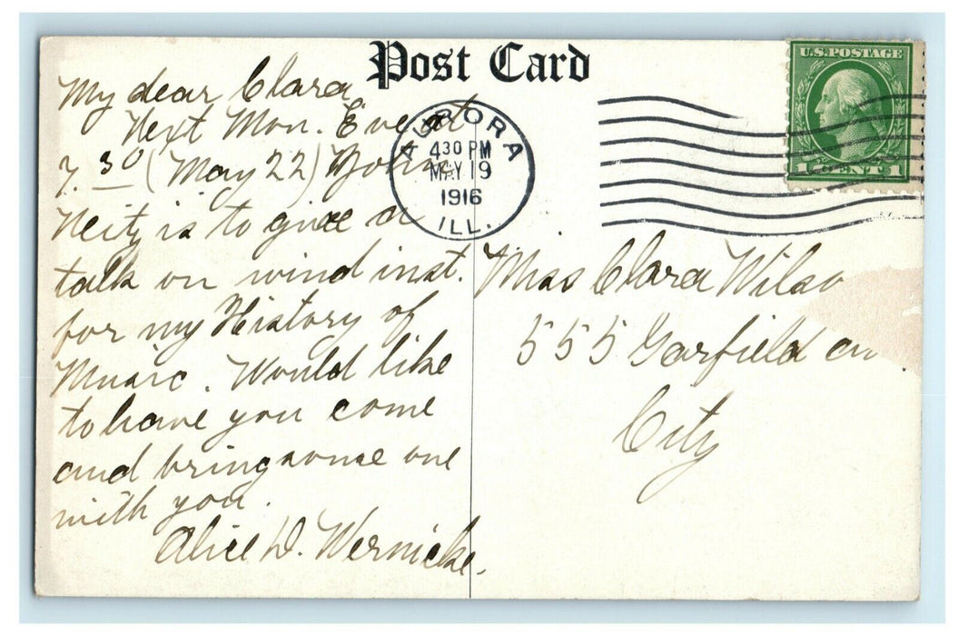 1916 Alice Doty Wernicke Home Living Room Pianos Aurora Illinois IL Postcard