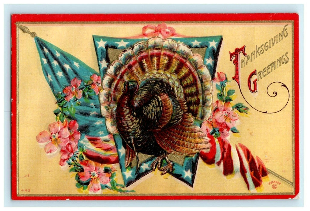 1910 P Sander Patriotic Thanksgiving Turkey American Flag Embossed Postcard