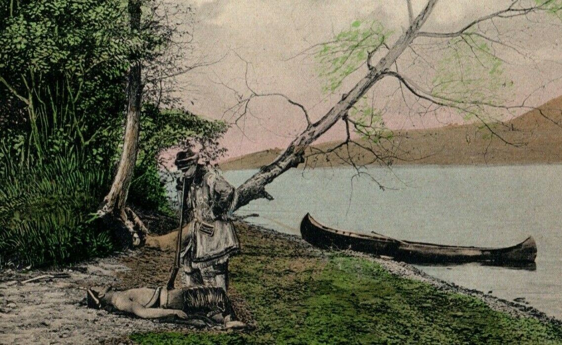 c1910 Deerslayer Viewing Victim Gravelly Point Otsego Lake New York Postcard