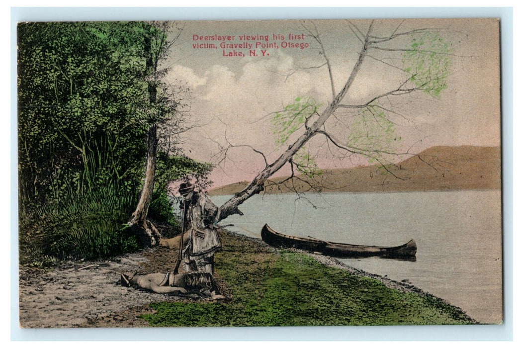 c1910 Deerslayer Viewing Victim Gravelly Point Otsego Lake New York Postcard