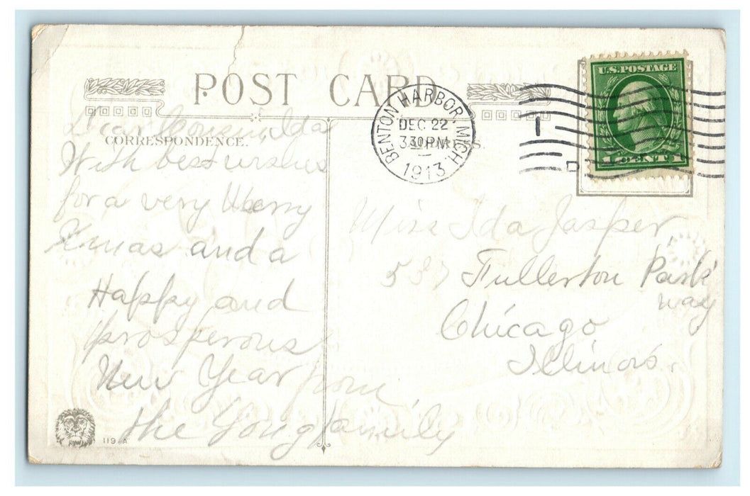 1913 Merry Christmas Bells Village Winsch Back Benton Harbor Michigan Postcard