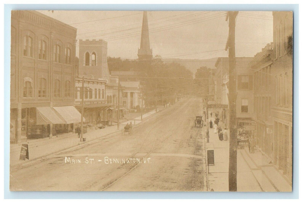 c1910 Main Street View Car Horse Buggy Bennington Vermont VT RPPC Photo Postcard