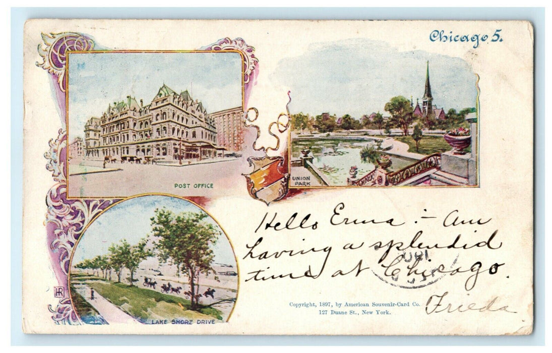1897 Chicago Illinois Lake Shore Drive Union Park Post Office Souvenir Postcard