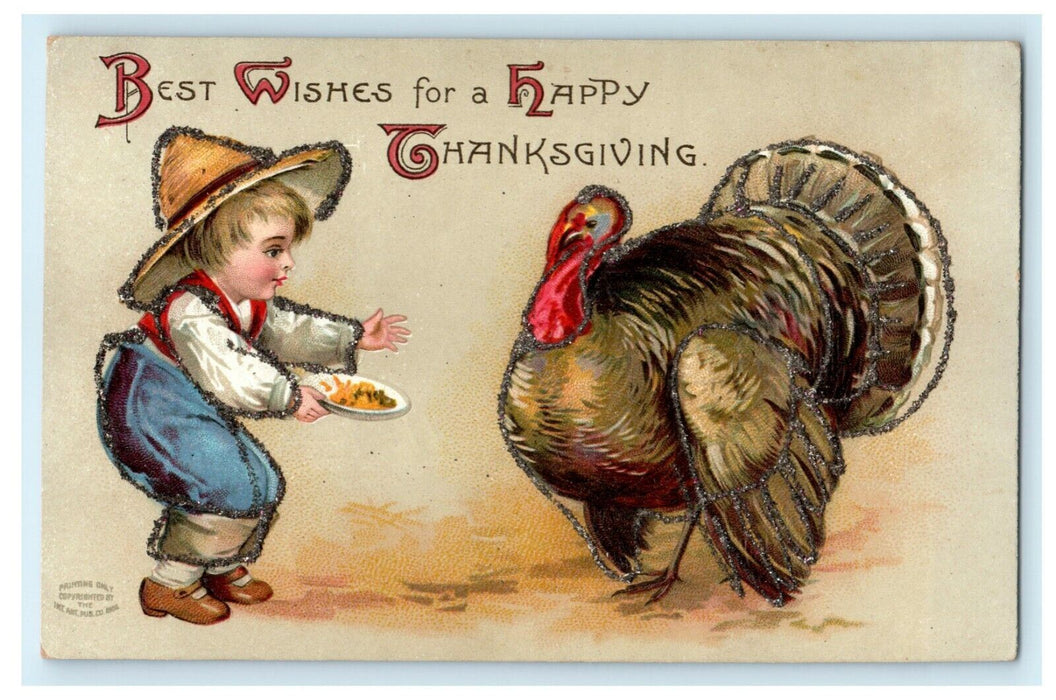 c1910 Thanksgiving Clapsaddle Boy Feeding Turkey Glitter Embossed Postcard