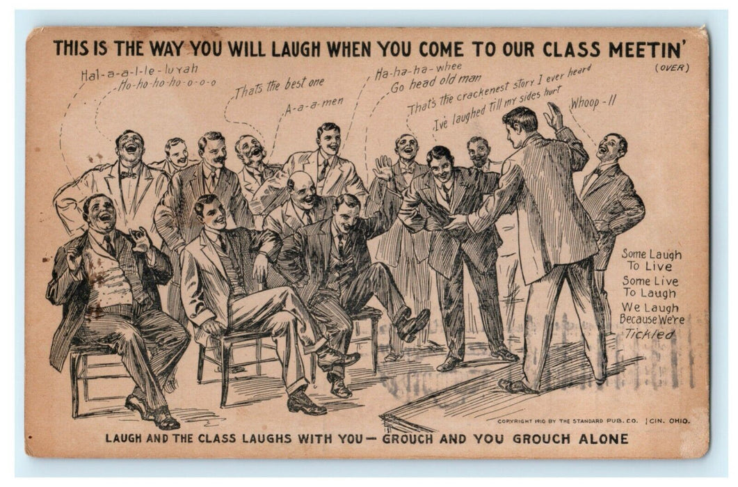 Men Laughing Hysterically Class Meeting 1913 Eaton Ohio Comic Antique Postcard