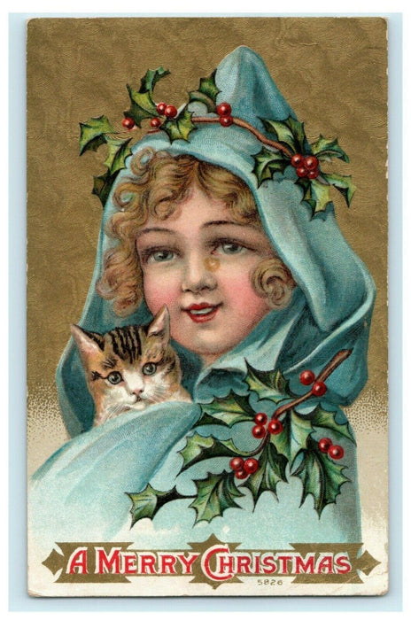 c1910 Christmas Girl Holding Kitten Cat Gold Embossed Hagerstown MD Postcard