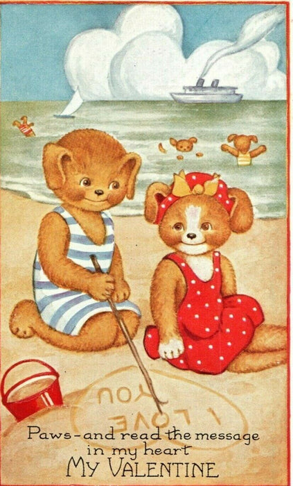 c1920's Valentine Bears at Beach Steamship Vintage Whitney Made Postcard