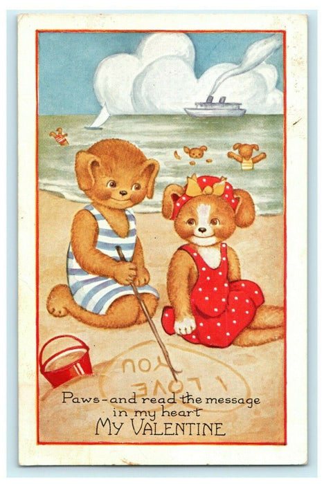 c1920's Valentine Bears at Beach Steamship Vintage Whitney Made Postcard