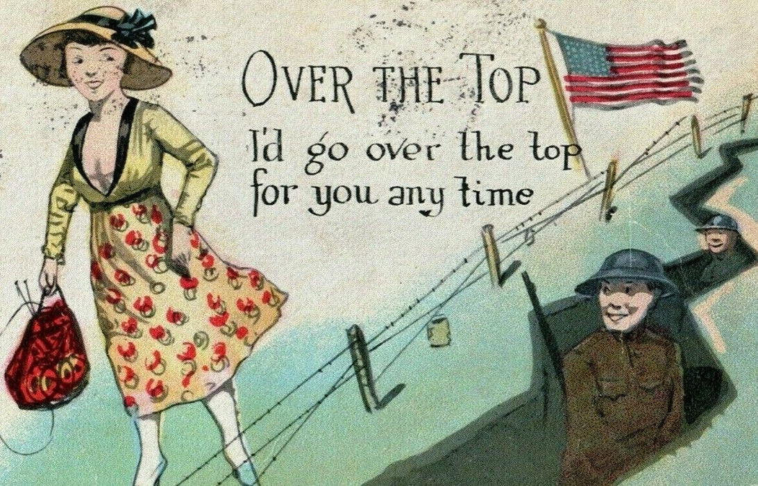 1921 Over the Top WW1 Comic Trench Barbed Wire Woman Victorian Hat Postcard