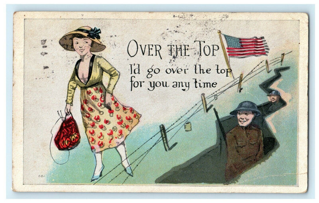 1921 Over the Top WW1 Comic Trench Barbed Wire Woman Victorian Hat Postcard