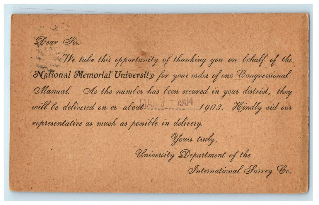 1904 Letter of National Memorial University to a Customer PMC Postcard