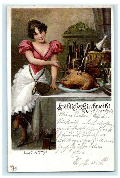 1903 German Woman with Turkey 'Frohliche Kirchmeih' Meinersdorf Antique Postcard