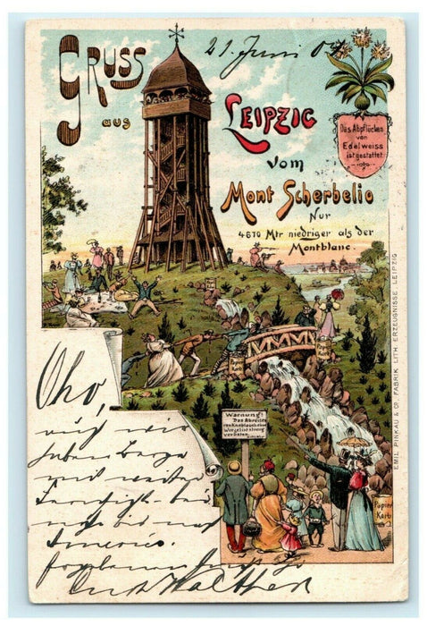 1904 Gruss Aus Leipzig Vom Mont Scherbelio Davenport Iowa Antique Postcard