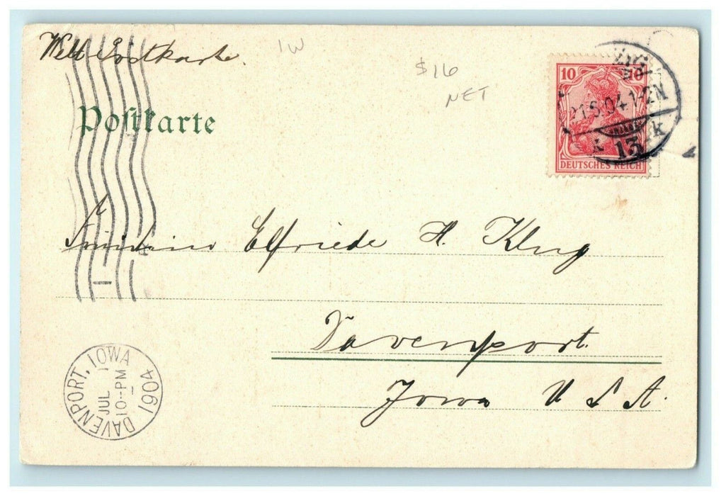 1904 Gruss Aus Leipzig Vom Mont Scherbelio Davenport Iowa Antique Postcard