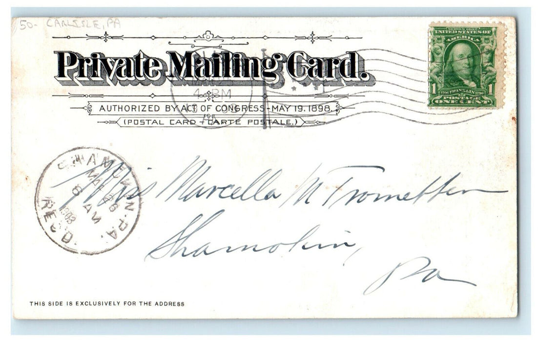 1903 Shamokin PA Lake Walk West Carisle Pennsylvania PA Posted PMC  Postcard