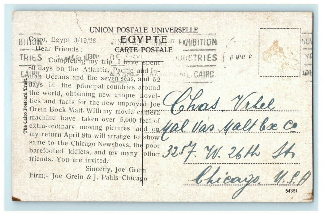 1926 Cairo Palace of Kasr-el-Nil Advertising Joe Grein Pahls Chicago IL Postcard