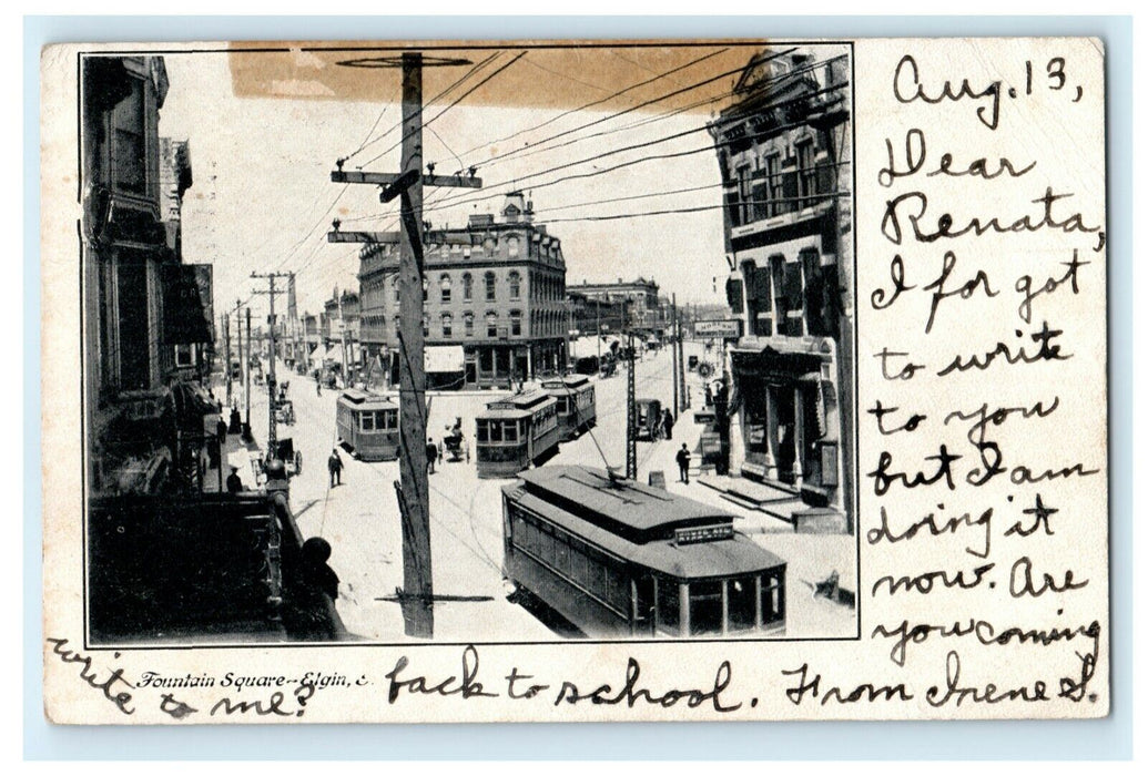 1900 Fountain Square Elgin Illinois IL Trolleys Roselle Posted Antique Postcard
