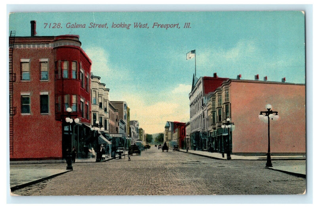 c1910 Galena St. Looking West Freeport Illinois IL Unposted Illinois Postcard