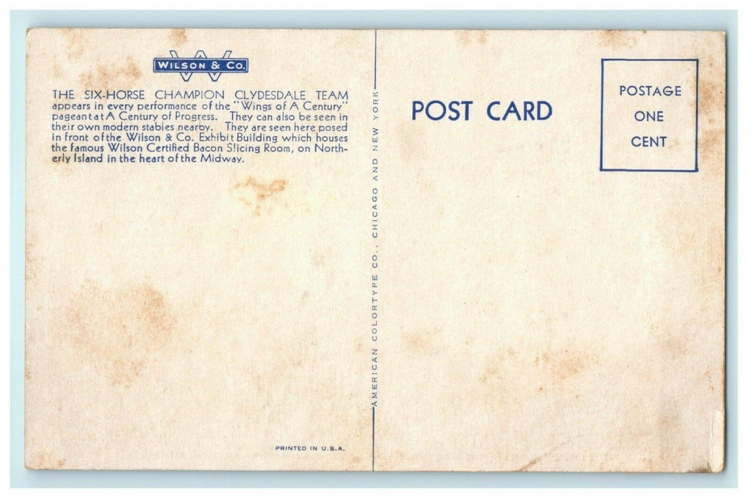 c1940's Six Horse Champion Clydesdale Team Wilson Co. Advertising Postcard