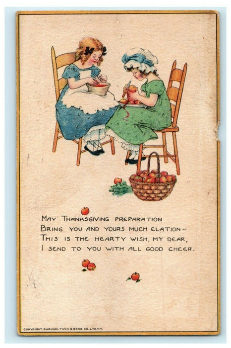 1916 Thanksgiving Raphael Tuck & Sons Girls Peeling Antique Postcard