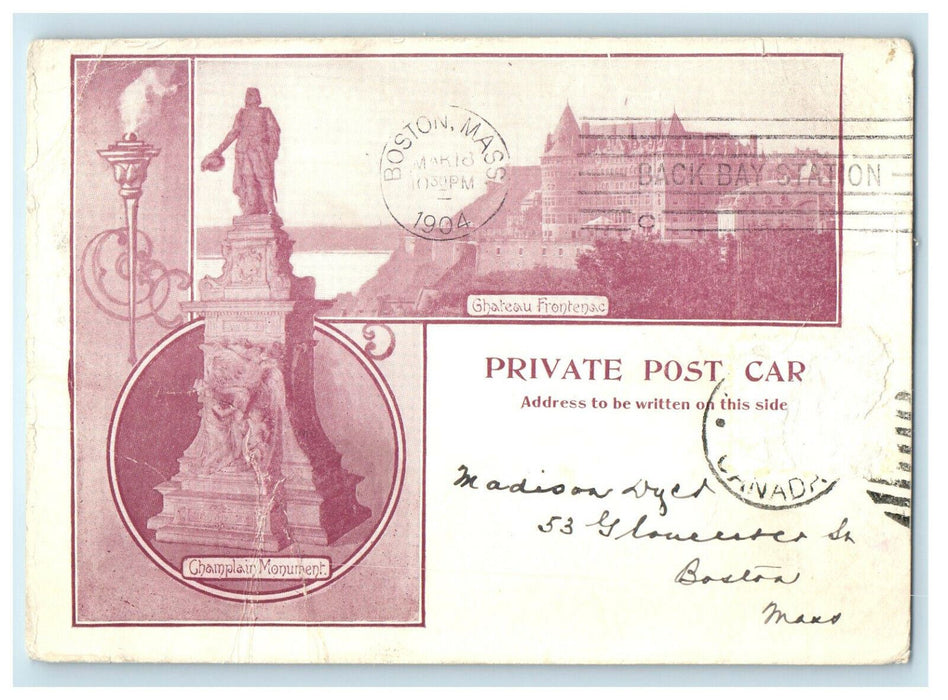 1904 Chateau Frontenac and Champlain Monument Canada CA Private Postcard