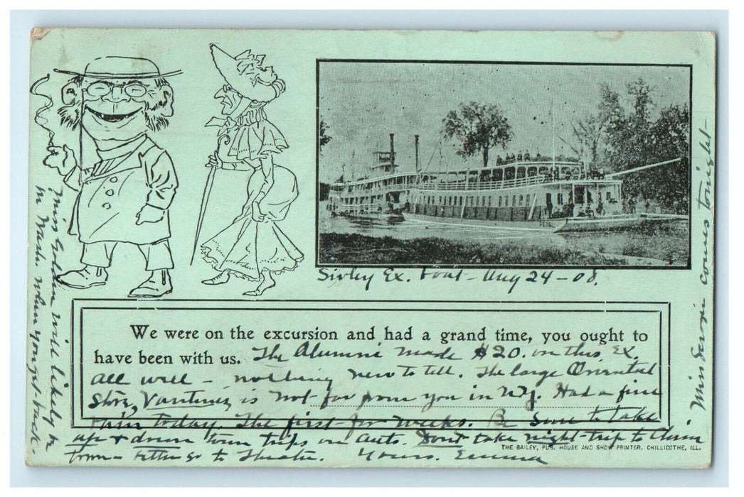 1908 Sivley Excursion Steamer Barge, Chillicothe Illinois IL Posted Postcard
