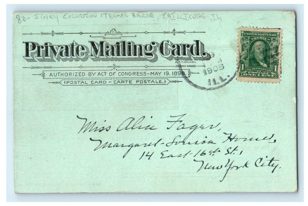 1908 Sivley Excursion Steamer Barge, Chillicothe Illinois IL Posted Postcard