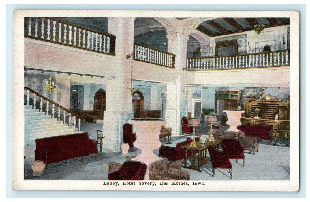 c1920's Lobby Hotel Savery Des Moines Iowa IA Antique Postcard