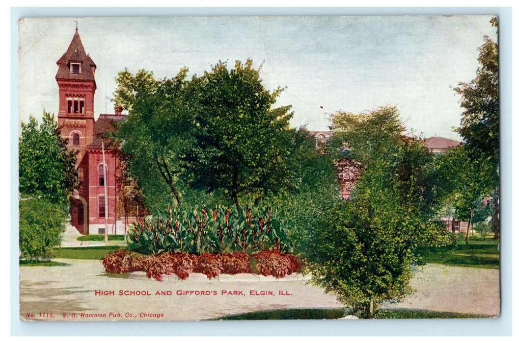 1907 High School & Gifford's Park Elgin Illinois IL Posted Antique Postcard