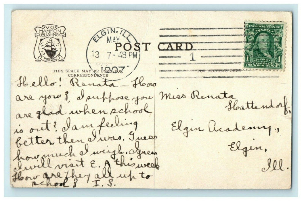 1907 High School & Gifford's Park Elgin Illinois IL Posted Antique Postcard