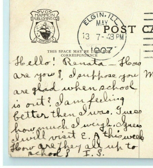 1907 High School & Gifford's Park Elgin Illinois IL Posted Antique Postcard