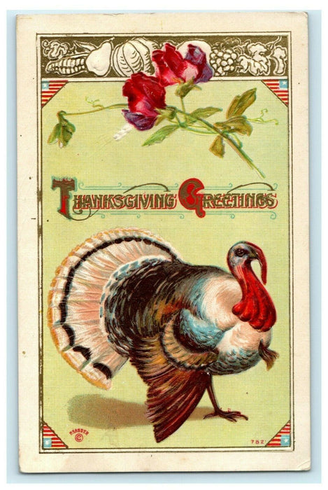 1911 P Sander Thanksgiving Turkey Rose Buckingham Illinois Embossed Postcard