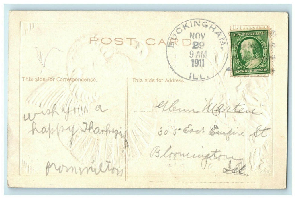 1911 P Sander Thanksgiving Turkey Rose Buckingham Illinois Embossed Postcard