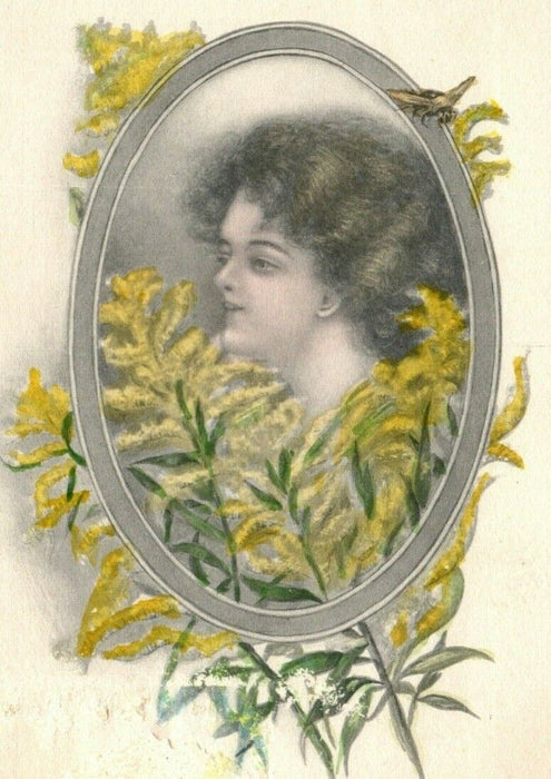 c1910 Woman in Yellow Flowers G&B Antique Handcolored Postcard