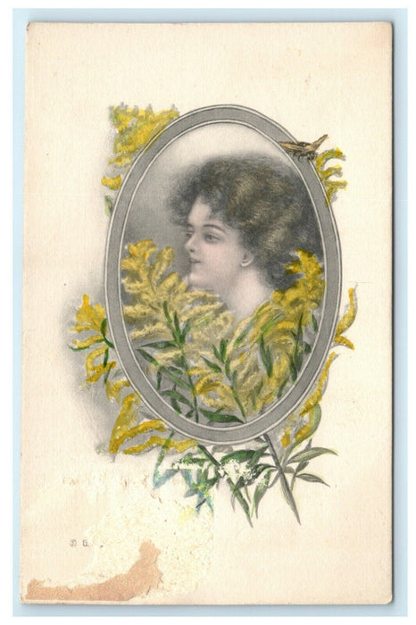 c1910 Woman in Yellow Flowers G&B Antique Handcolored Postcard