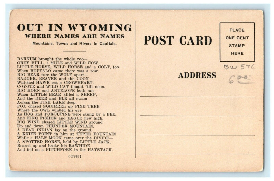 c1920 Out in Wyoming Funny Name Poem Bessie Craine Antique Postcard