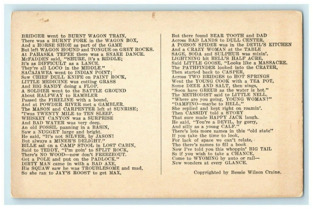 c1920 Out in Wyoming Funny Name Poem Bessie Craine Antique Postcard